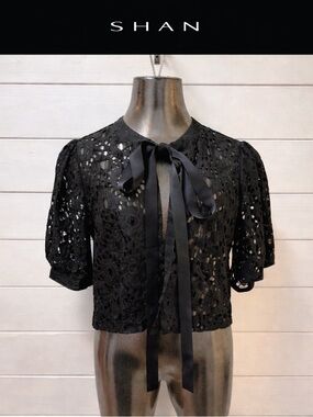 SHAN Black Lace Tie-Front Blouse | Size 8